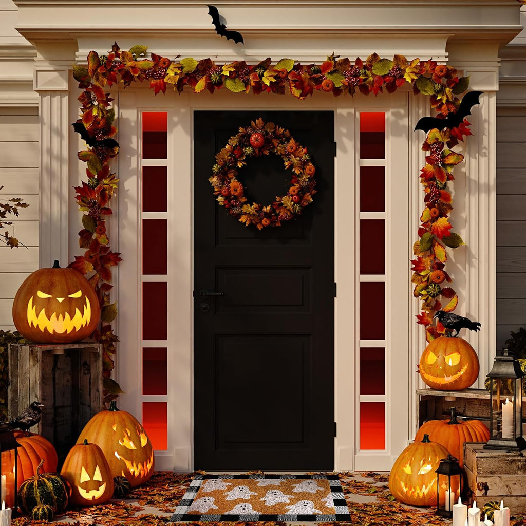 2 Pcs Halloween Fall Welcome Mat Buffalo Plaid Porch Decor | Ghost Layered Design, Non-slip Rug for Front Door