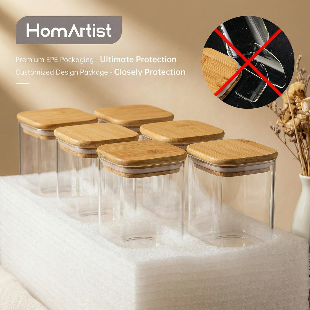 Square Glass Jars with Bamboo Lids [Muti Size Set of 5], Glass Canisters with Airtight Lids, Glass Food Storage