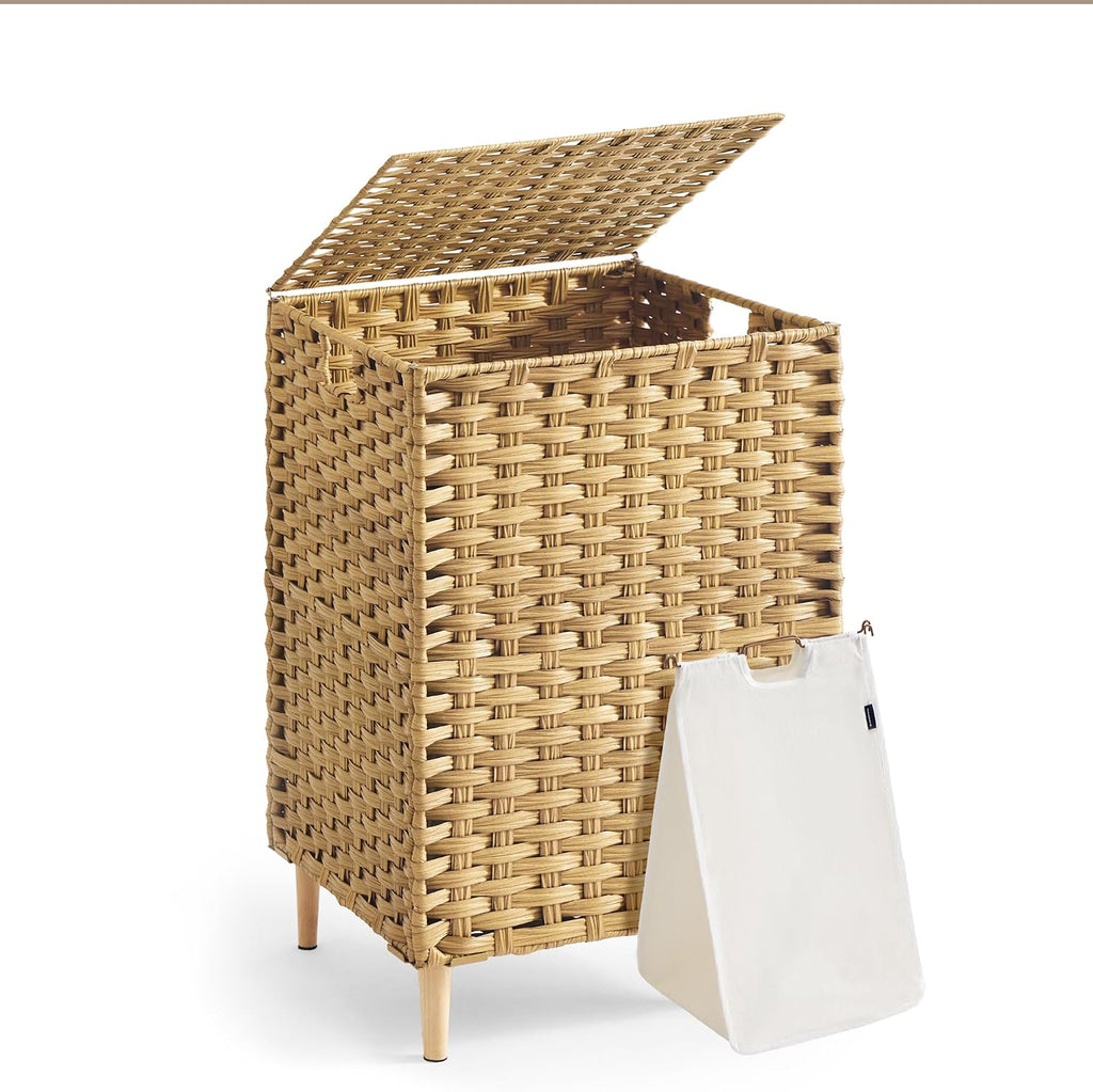 Laundry Hamper with Lid, 25 Gal (95L) PE Rattan Laundry Basket with Removable Washable Liners, Goose Yellow
