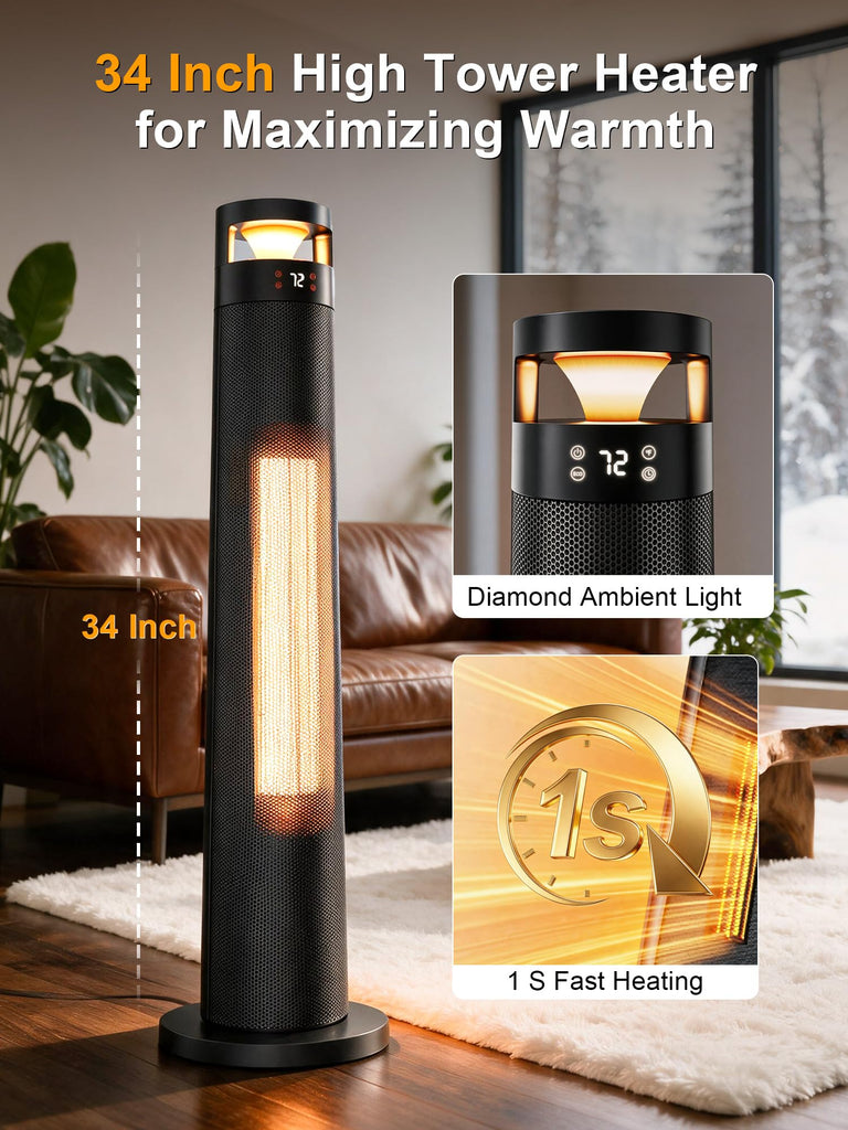 34'' Space Heaters for Indoor Use, 1500W Electric Heaters, 24H Timer