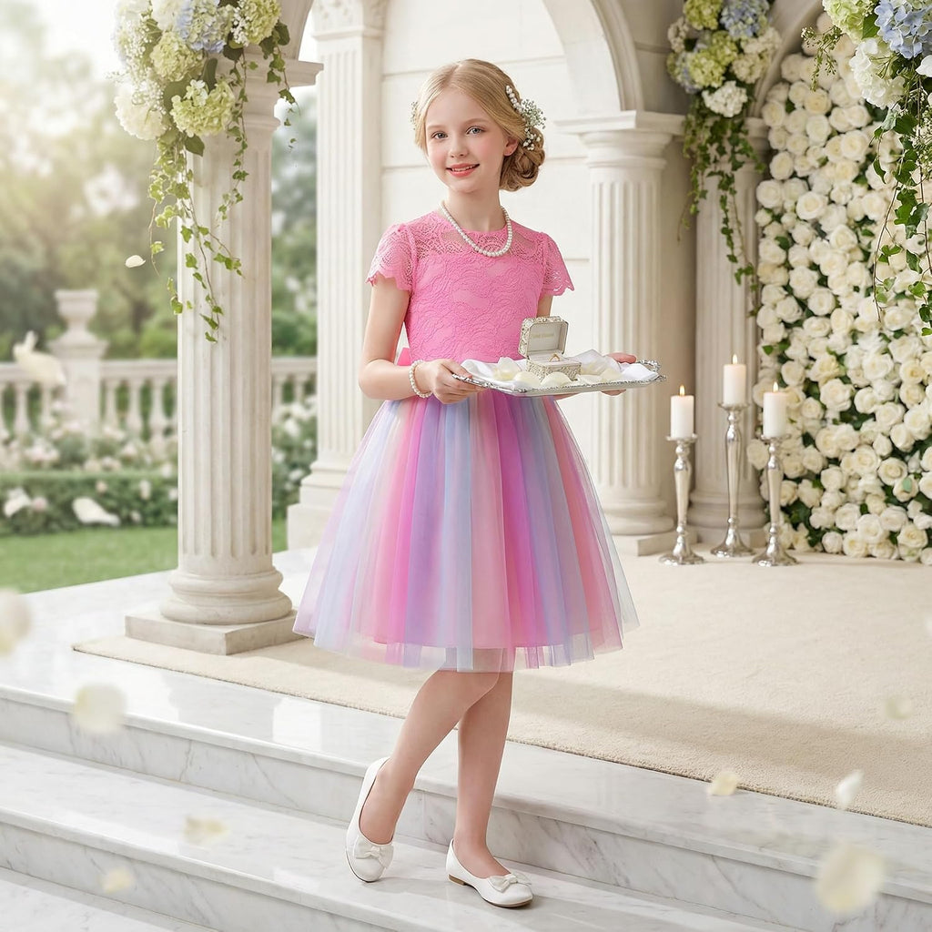 Flower Girl Dress Big Bow Kids Lace Tulle Princess Wedding Gown