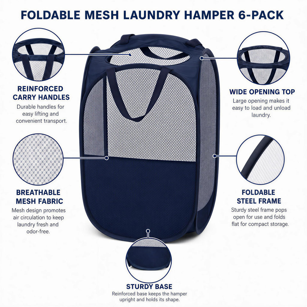6 Pack Mesh Laundry Hampers with Side Pockets, Black White Blue