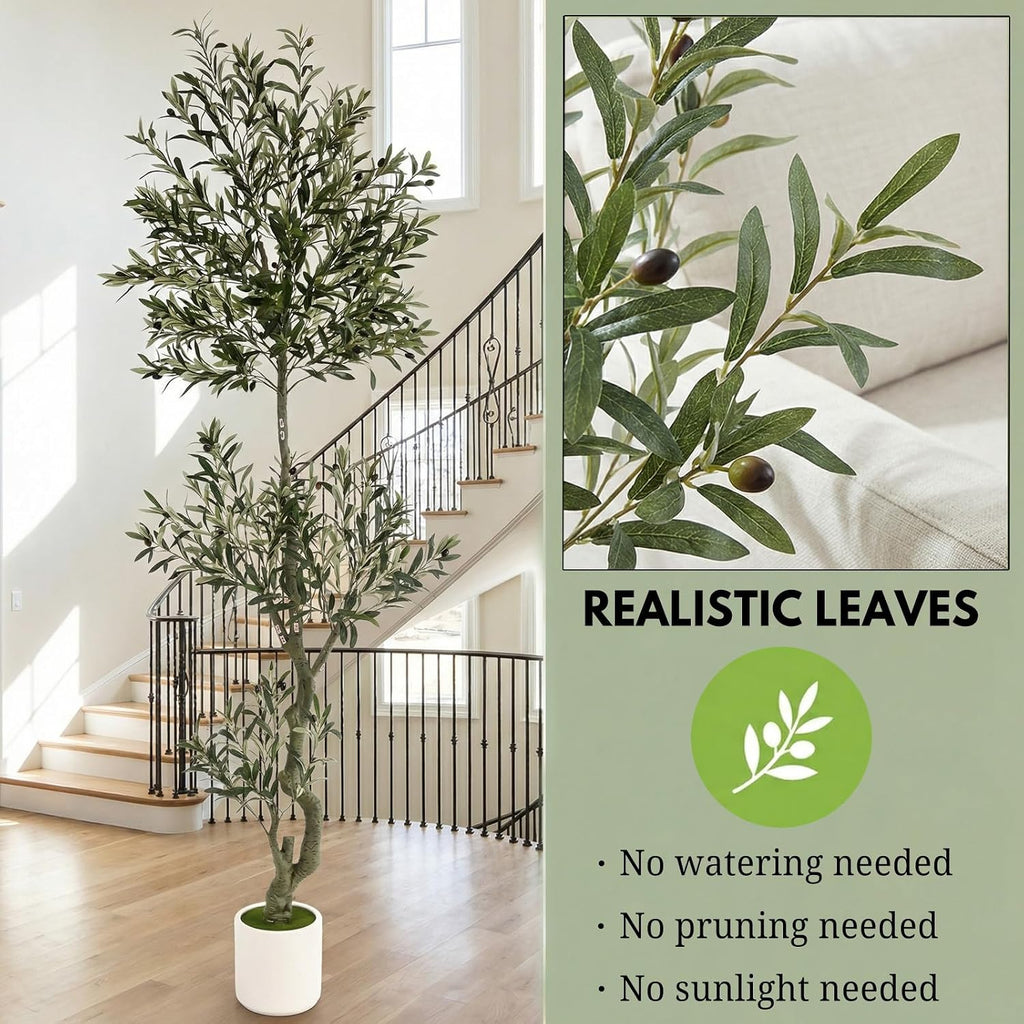 8ft Spherical Fake Olive Tree Artificial Indoor,Faux Olive Tree with Pot,Large Olive Branches and Lifelike Fruits
