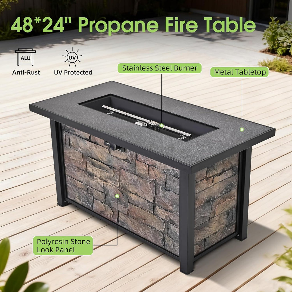 48 Inch Rectangular Propane Fire Pit Table, 50000 BTU, Metal Top | Stone-look Panels, with Metal Lid, Lava Rocks &