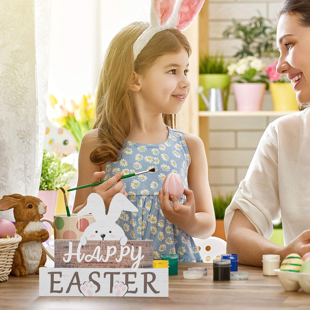 Easter Decorations for Table, Wooden Happy Easter Bunny Decor Sign, Wood Rabbit Block Tabletop Centerpiece Farmhouse