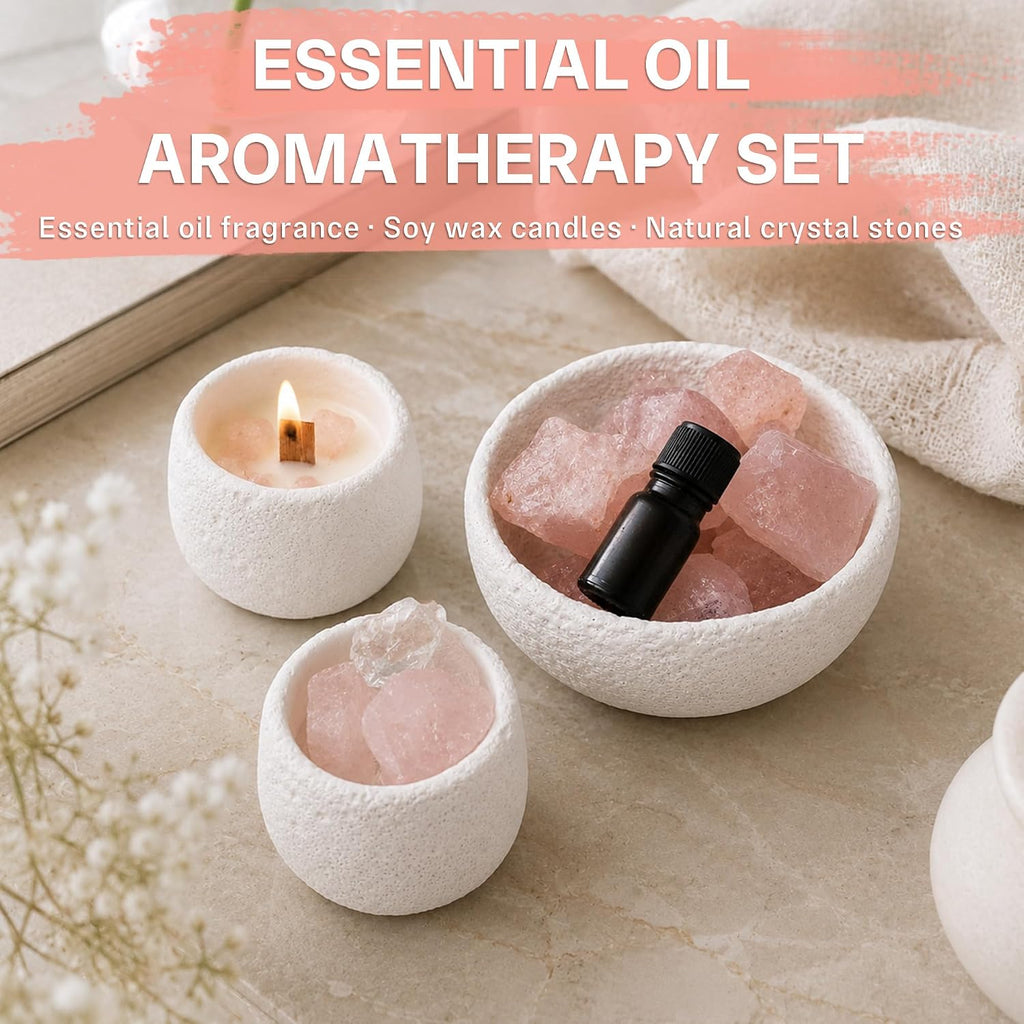Pink Quartz Crystal Essential Oil Diffuser & Candle Set - Soy Wax Candle, Crystal Diffuser Stones & 10ml Essential