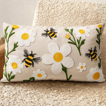 Embroidered Lumbar Pillow Cover 20x12 Inch, Flower Bee