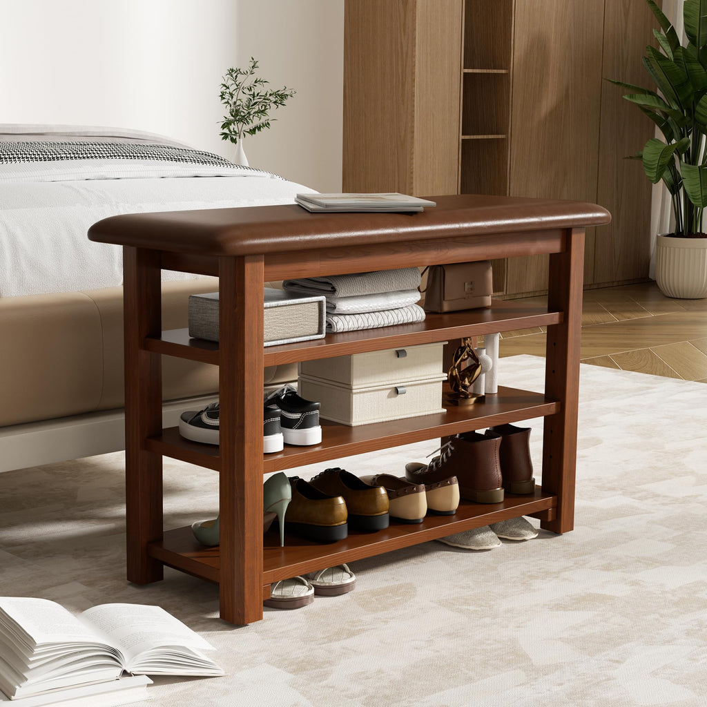 Shoe Rack Bench with Leather Cushion 3-Tier Shoe Rack Organizer Hallway or Living Room Farmhouse Rustic Wooden Seat