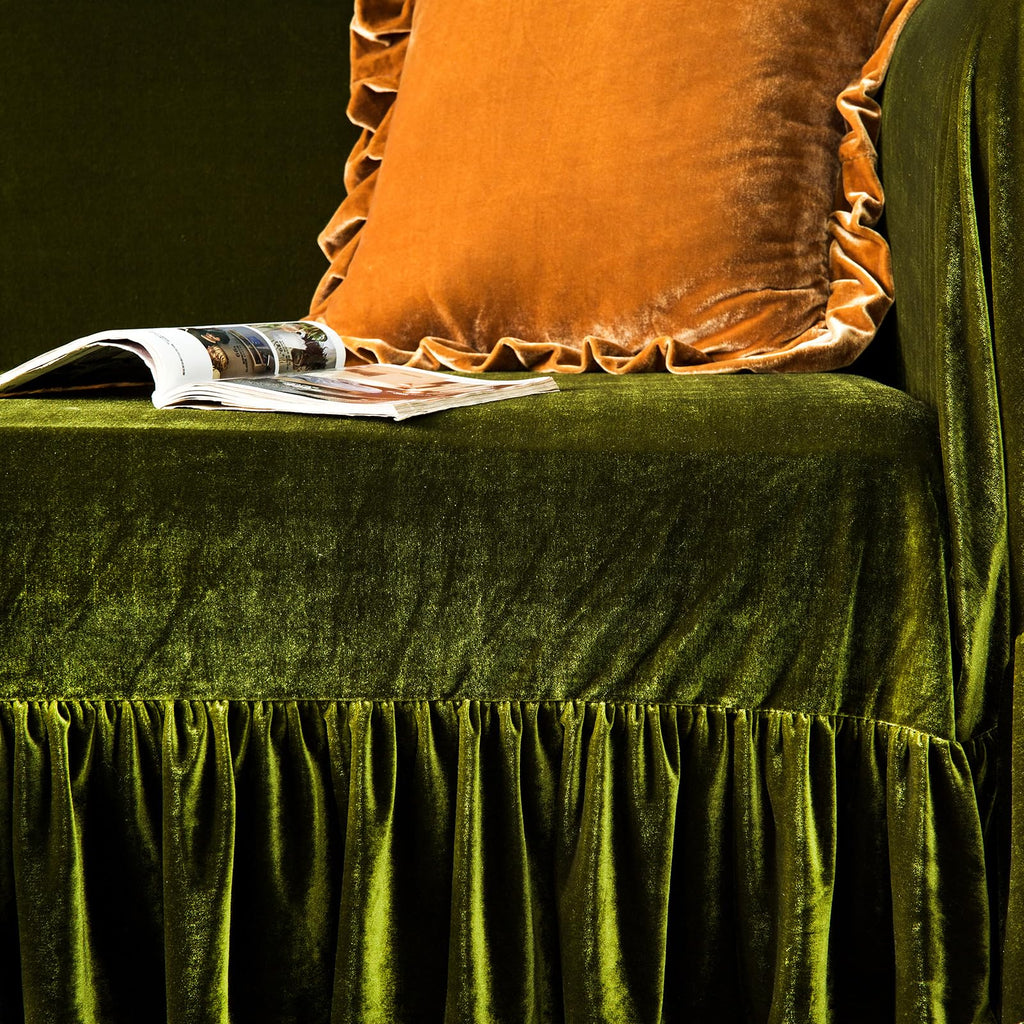 Velvet Sofa Cover Soft Decorative Luxurious Solid Exquisite Ruffle Trim, Retro Farmhouse Vintage Sofa Slipcover Couch