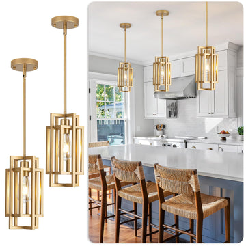 Modern Pendant Light Fixtures 2 Pack 1 Light, Gold Finish Cage Farmhouse Pendant Lights with Max 59'' Adjustable