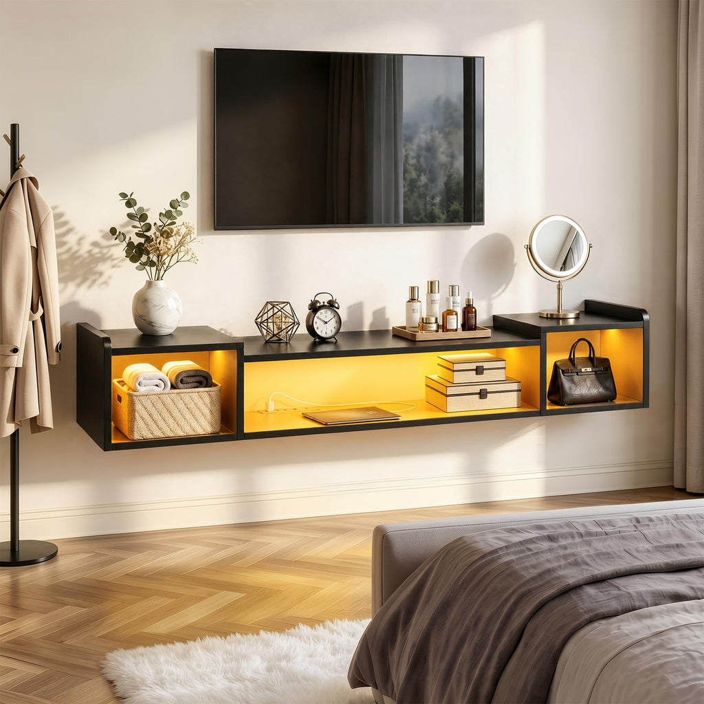 55.1" W Floating TV Stand with LED, Power Strip for 50/55/60/65" TV Black