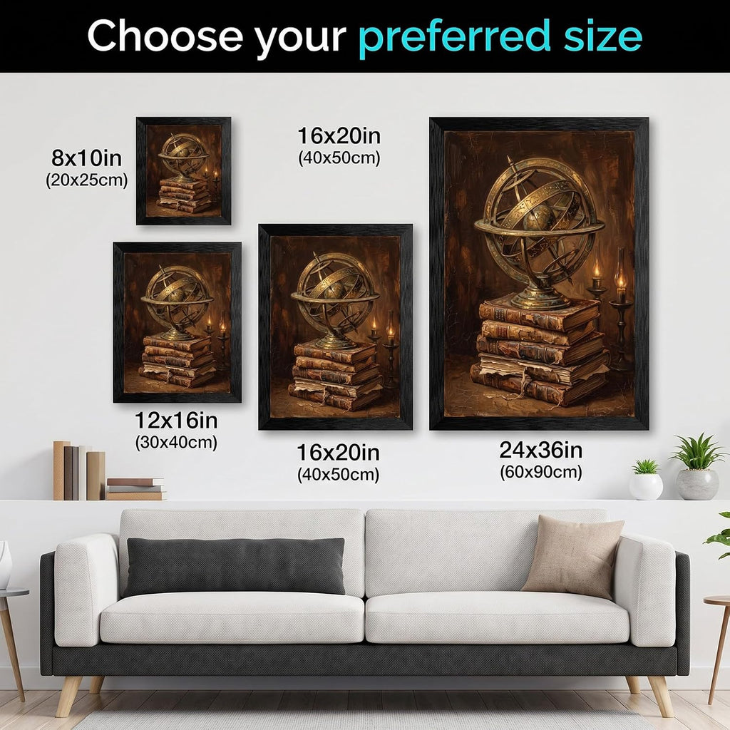 Framed Canvas Wall Art Moody Oil Armillary Sphere and Aged Books Halloween Wall Art Canvas Print Poster Black Frame