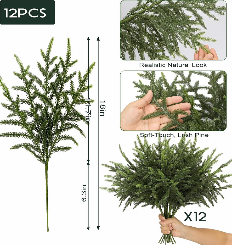 18" Christmas Norfolk Pine Stems, Soft Touch Branches Greenery Picks - Set of 12