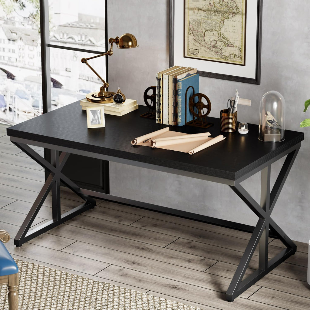 Modern Black Computer Desk, Long Home Office Desk for Study 60 Inch | Large Simple Wood Metal Work Writing Desk , Oak