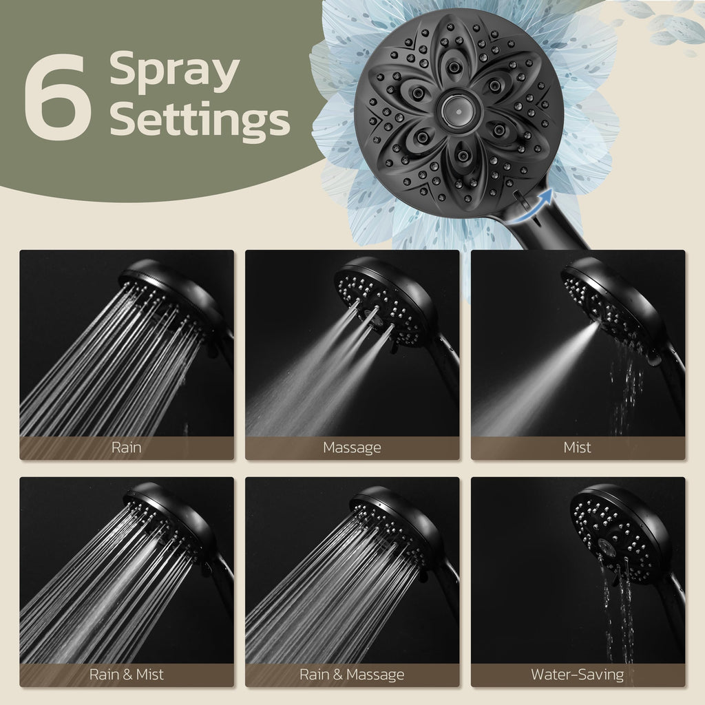 Shower Head with Handheld, High Pressure Handheld 6 Settings, Detachable Shower Head Set with Stainless Steel Hose