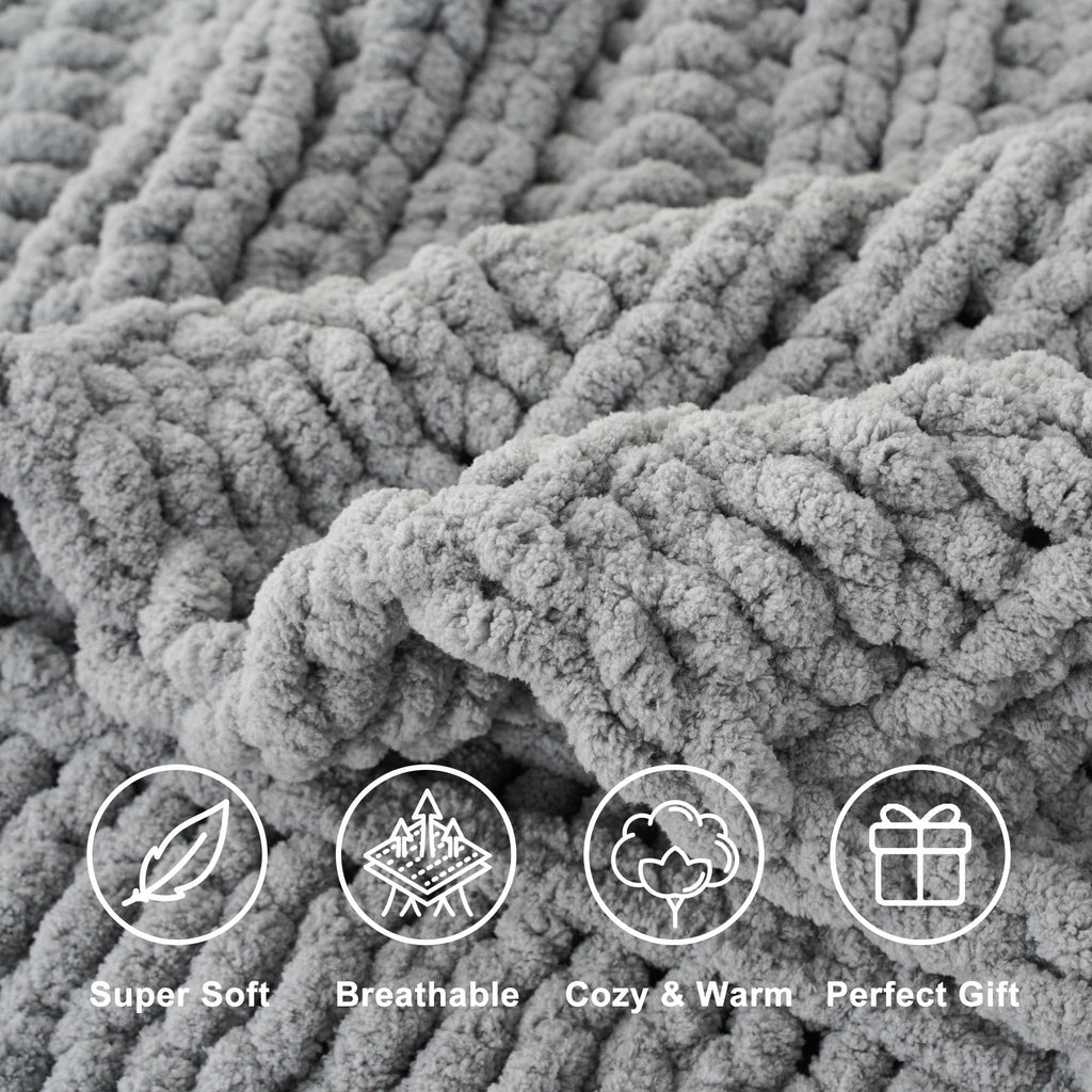 Light Grey Chunky Knit Throw Blanket for Couch, 50"x60", Textured