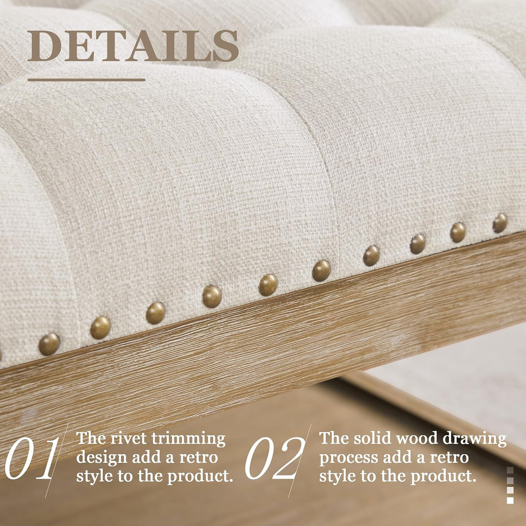 33-inch Square Ottoman Coffee Table, Large Storage Ottoman (Beige) | Tufted Upholstered Linen Ottoman , Farmhouse