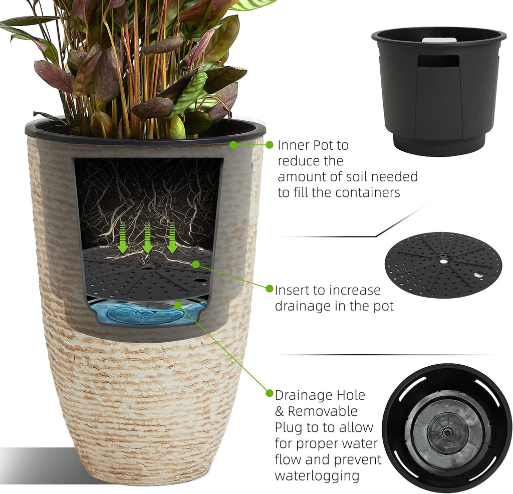 21" H Beige Tall Planters set of 2 with Inside Pots - 14'' Dia Large Round Plant Tree Pots with Drain Hole