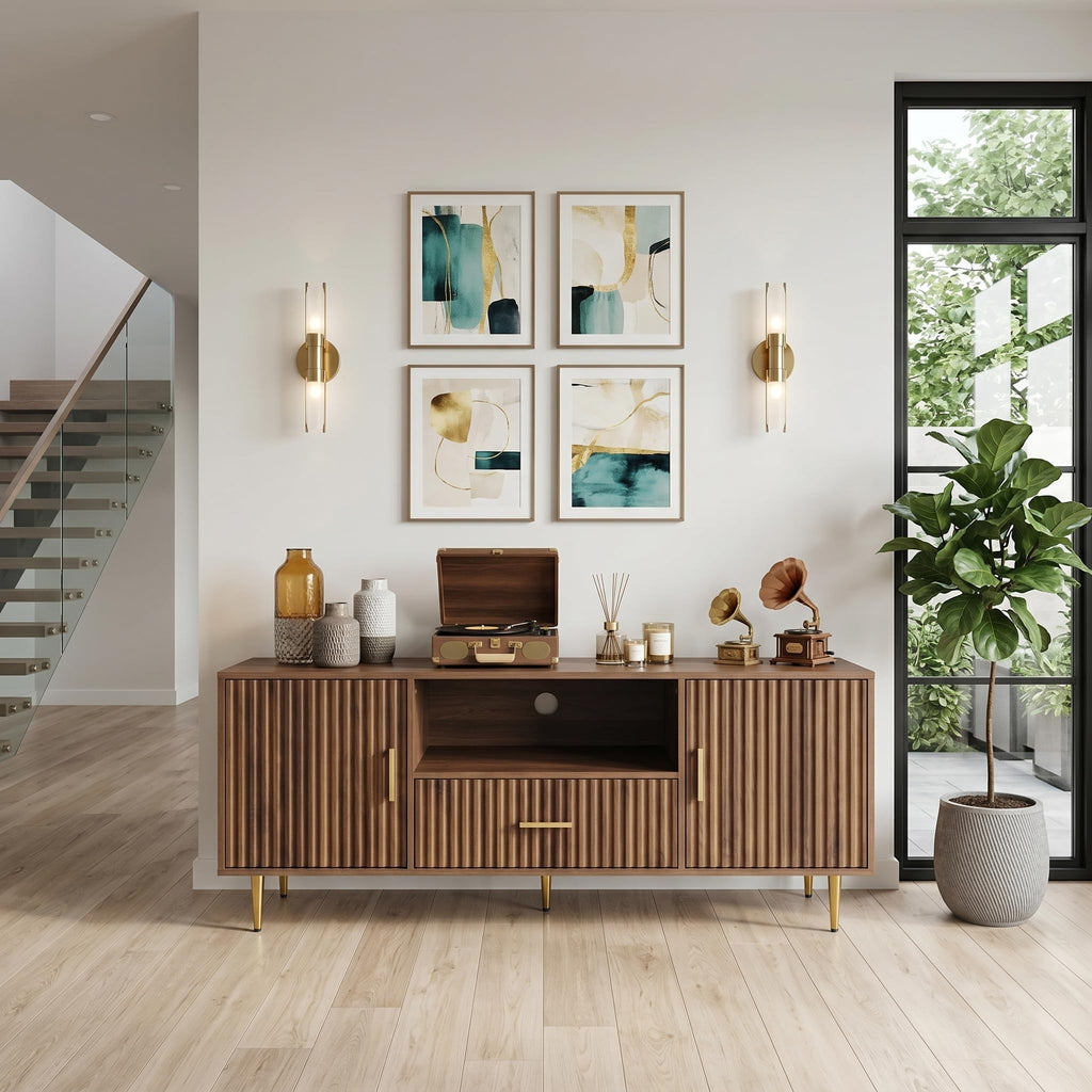 Luxury Fluted TV Stand, Entertainment Center for TVs Up to 65", Modern Media Console with Drawer and Cabinets, TV