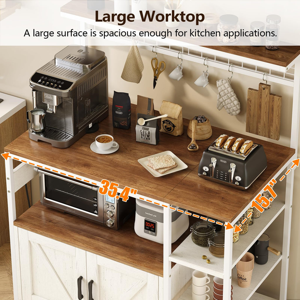 Bakers Rack with Power Outlet and LED Light, Microwave Stand with Storage Cabinet, Coffee Bar Cabinet Station with 6