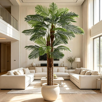 Artificial Triple Phoenix Palm Tree 9FT with 31 Leaves & Real Bark Tropical Coconut Areca Sago Palm Tall Large Faux
