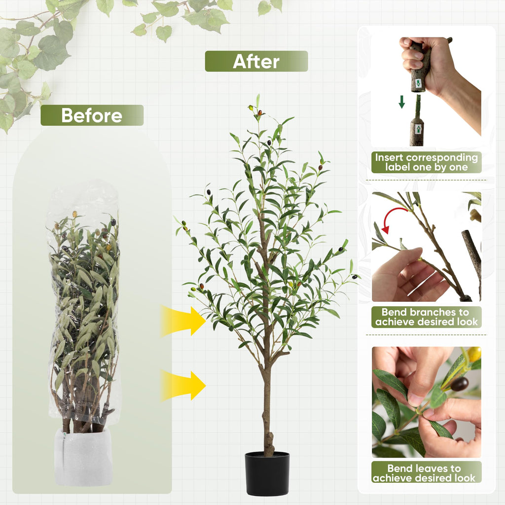 Olive Tree Artificial Indoor, 4 FT Faux Olive Trees with Planter, Fake Plants with Natural Trunk and Lifelike Fruits