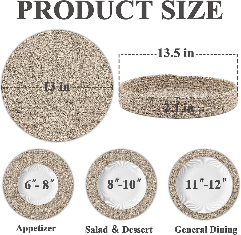 Round Placemats with Holder, Cotton Rope Woven Place Mats, Hot Pads, Heat Resistant Table Mats, 13 Inch - Set of 6