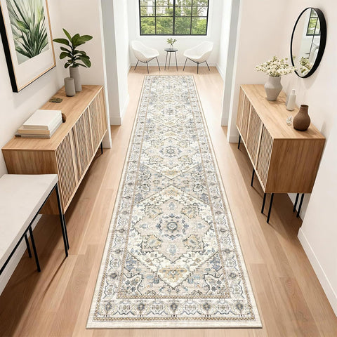 Boho Washable 2x10 Runner Rugs Beige Non Slip Low Pile Long Runner Rug, Stain Resistant Soft Faux Wo
