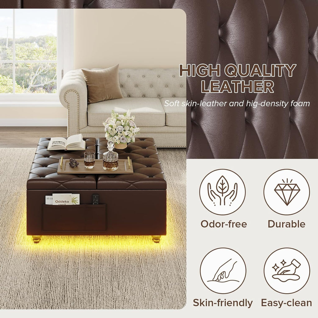 31.5 Inch Large Leather Ottoman with Storage and LED Lights, PU Brown | Lift Top Tufted Upholstered Ottoman Coffee