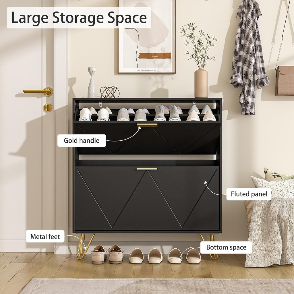 Shoe Cabinet with 2 Flip Drawers, Black Shoe Storage Cabinet, Slim Wooden Freestanding Shoe Rack, Shoe Organizer with