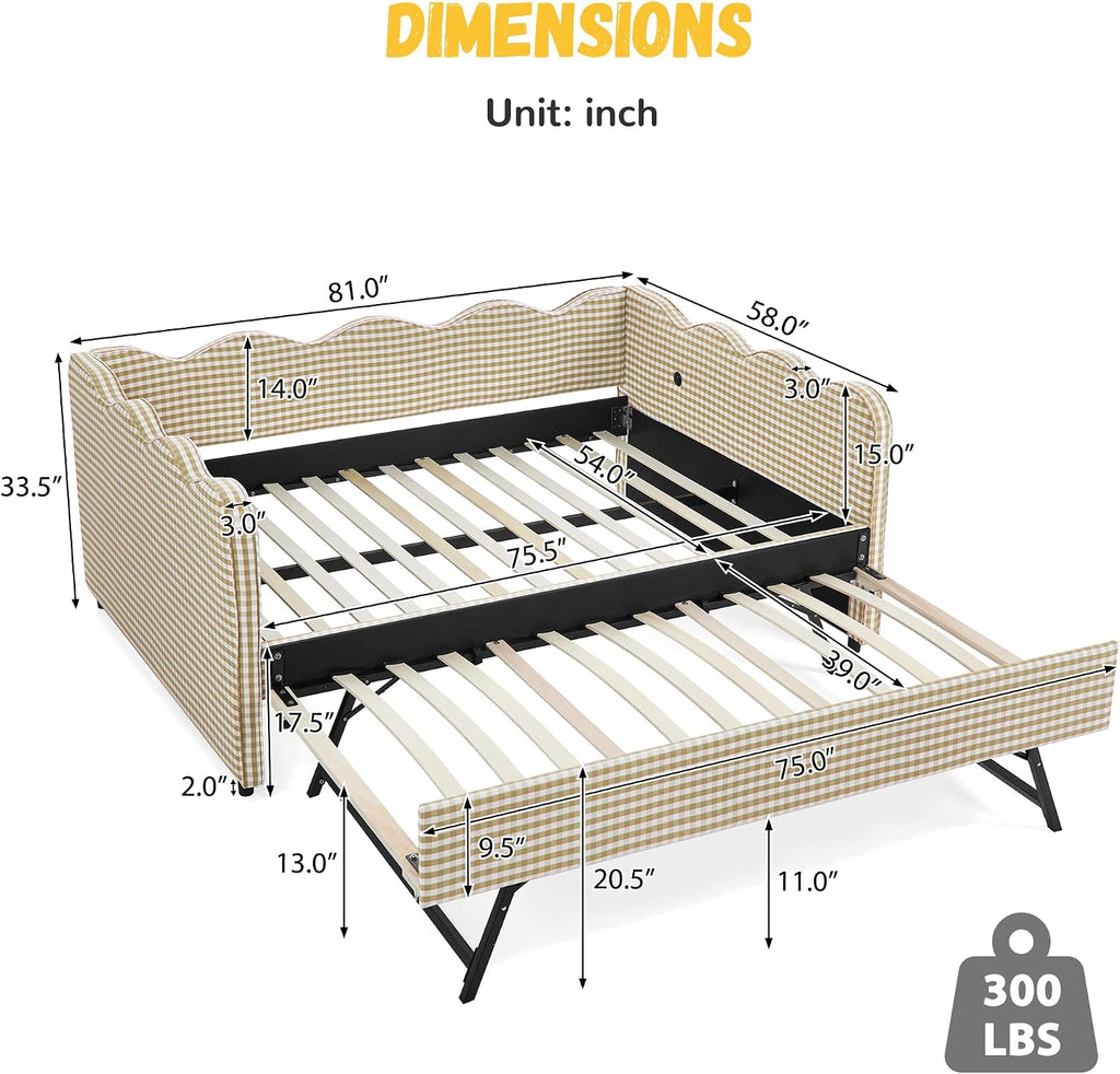 Full Size Gingham Daybed with Trundle and USB Ports | Upholstered Daybed Living Room Guest Room-Brown
