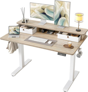 48 * 24 inch Standing Desk with Two Drawers&Top Shelf, Maple | Smooth Height Adjustment, 2 Memory Presets, One-Touch