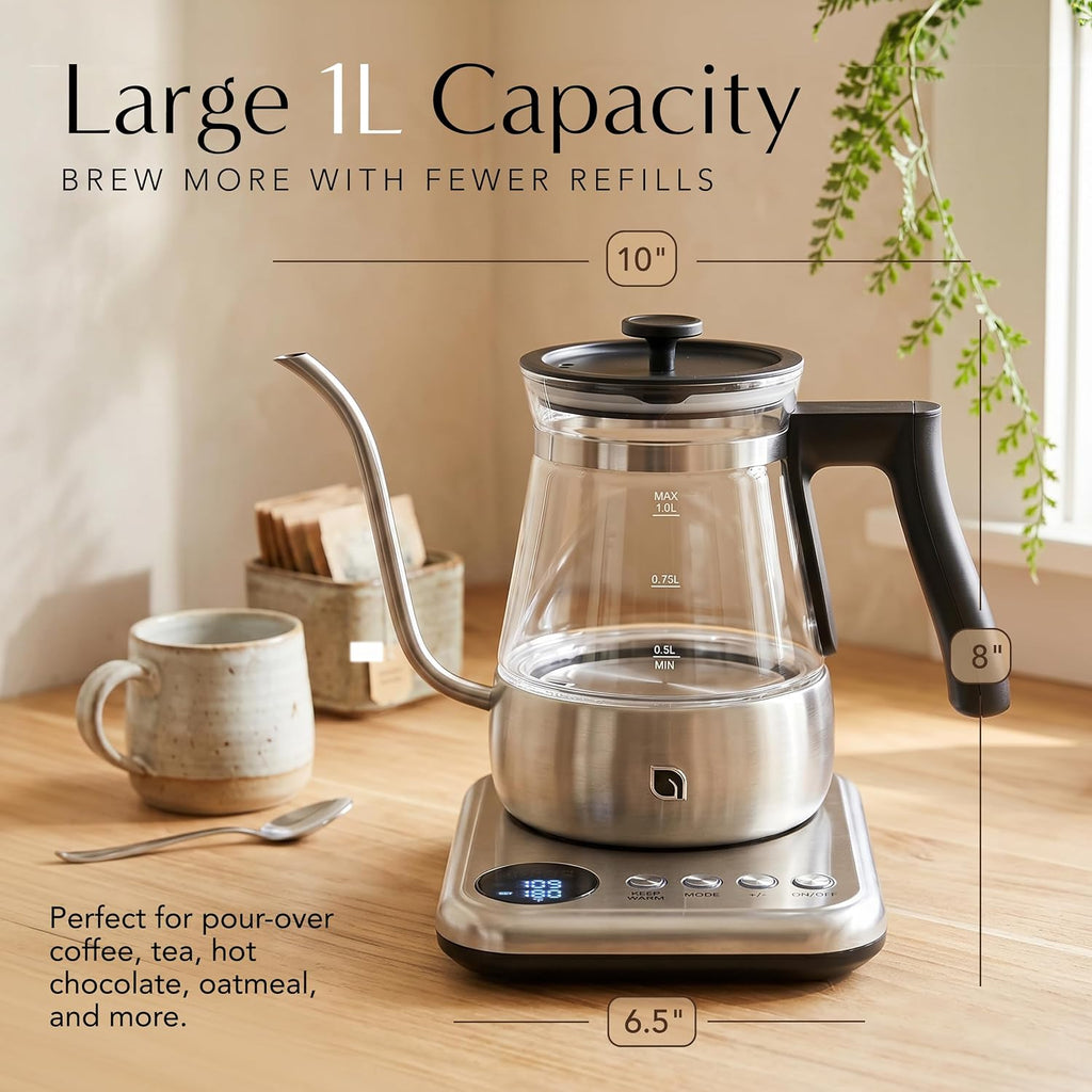 Glass Gooseneck Electric Kettle, 5 Temperature Control Presets & Keep Warm, Pour Over Kettle for Coffee & Tea, 1L