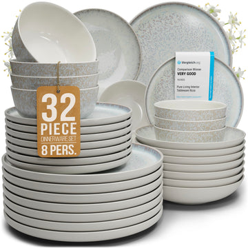 32 Piece Stoneware Dinnerware Set for 8, Handcrafted Plates and Bowls Set