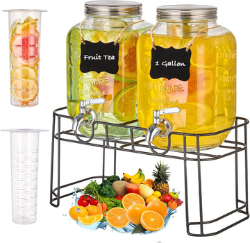 Gallon for Parties, 2 Pack Beverage Dispenser with Stand, Fruit Infuser & Leakproof Stainless Steel Spigot, Juice - Set of 2