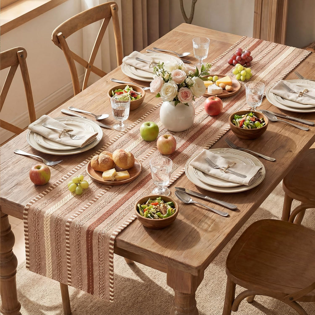 Caramel Farmhouse Stripe Braided Table Runner 12x120 Inch