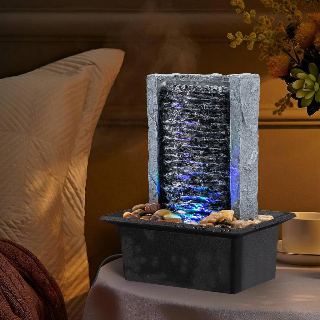 Tabletop Fountain Indoor Waterfall Rock Fountain LED-Lights Water Feature Waterfall for Modern Home and Office Indoor