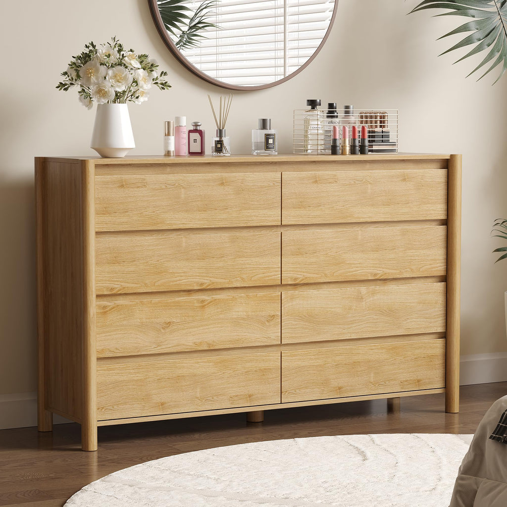 Oak Dresser, 55" Wide 8 Drawer Mid Century Modern Chest