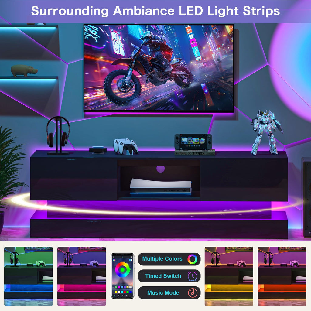 Modern Double-Layer TV Stands with Multi-Color LED Lights & Storage Drawers - High Gloss TV Entertainment Center