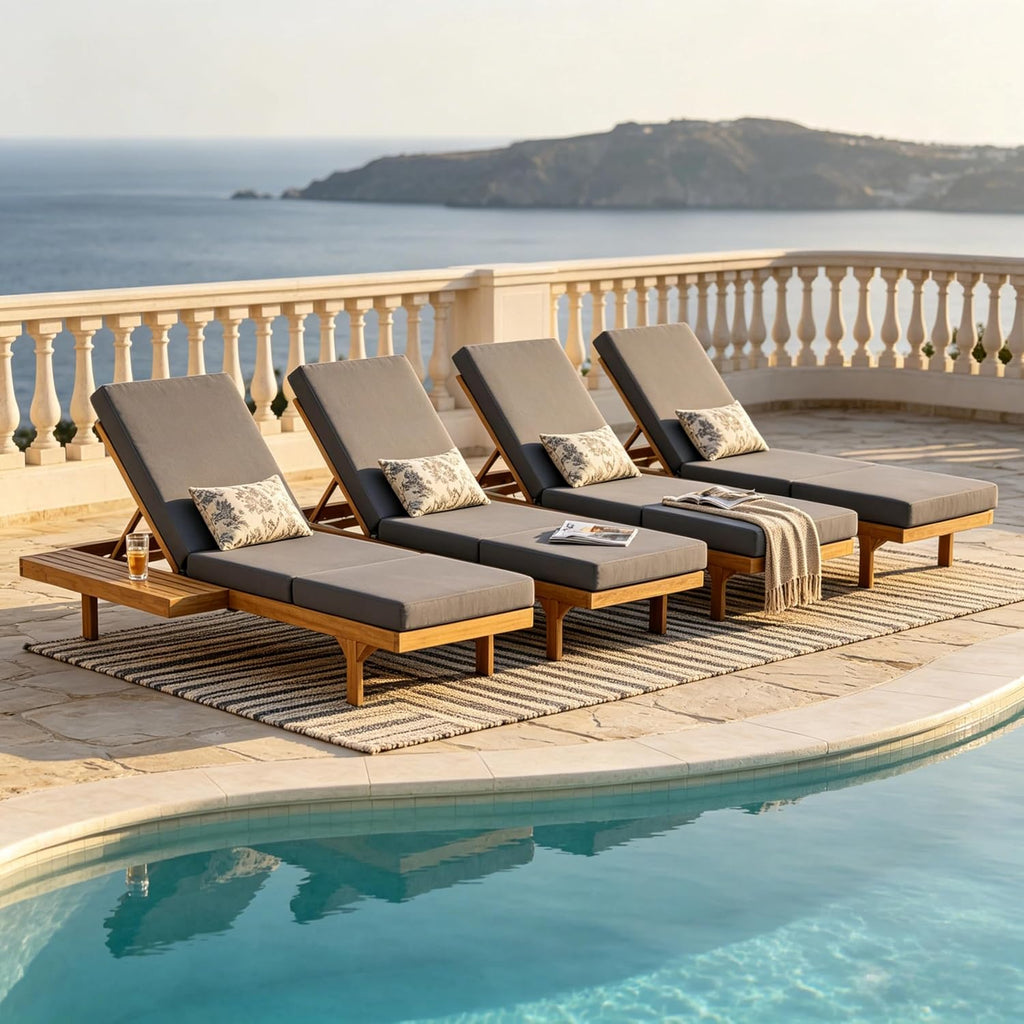 Acacia Wood Outdoor Chaise Lounge Set, 2 Recliners with 3-Fold Dark Grey Cushions, 5-Position Adjustable Double