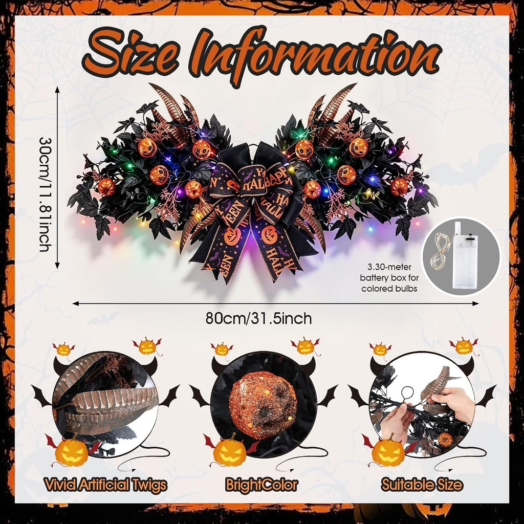 Halloween Front Door Swag Weath with LED Artificial Gothic Black Maple Glitter Evil Pumpkin Teardrop Swag