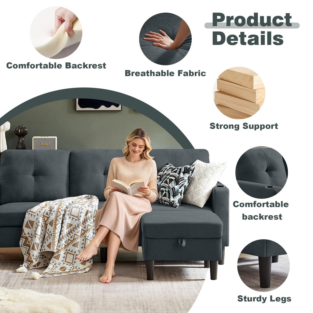 79" Convertible Sectional Sofa, L Shaped 3 Seat Couch with Storage Chaise
