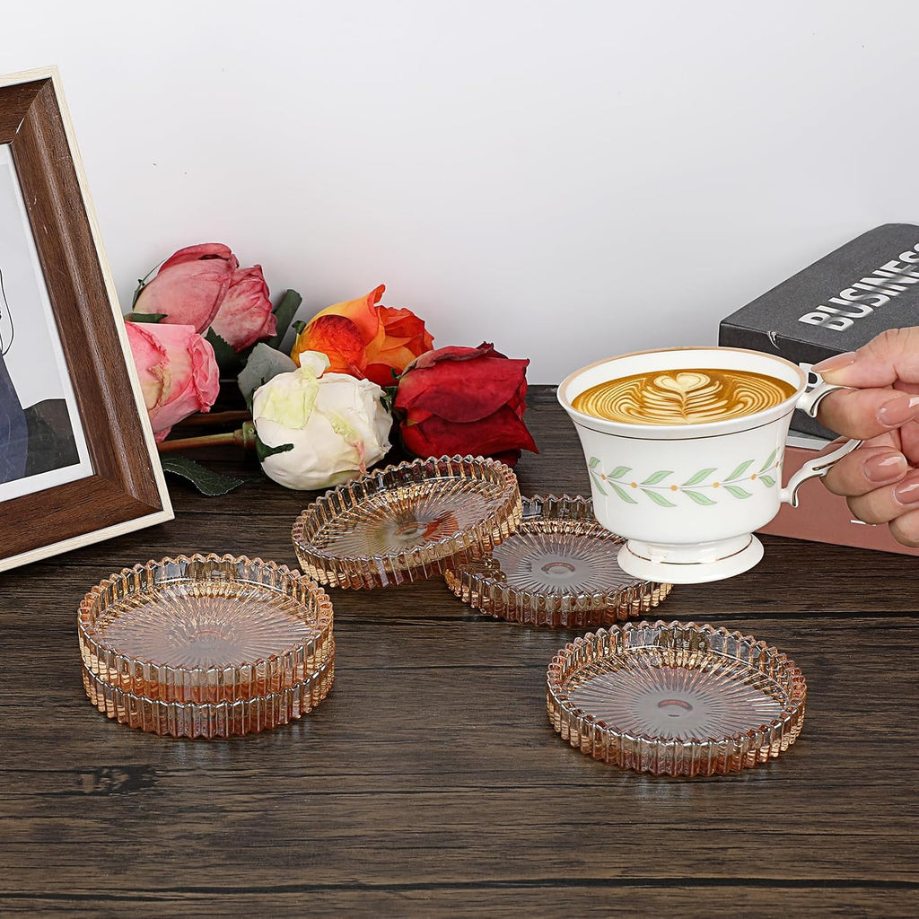 Modern Clear Coasters- Glass Cute Coasters for Drinks, Amber - Set of 5