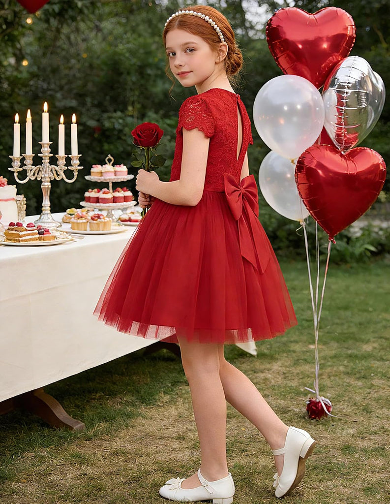 Flower Girl Dress Big Bow Kids Lace Tulle Princess Wedding Gown