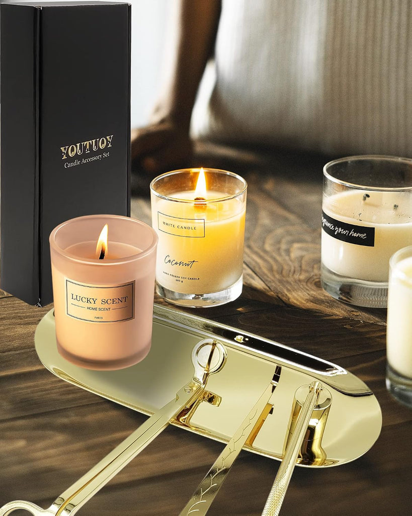 4 in1 Candle Accessory Set with Storage Tray Plate, Candle Wick Trimmer, Candle Wick Snuffer, Candle Wick Dipper