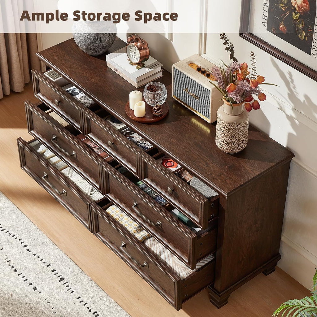 Farmhouse 7 Drawer Dresser , Walnut | 54" Wide Horizontal Dressers & Chests of Drawers with Reinforced Top & Square