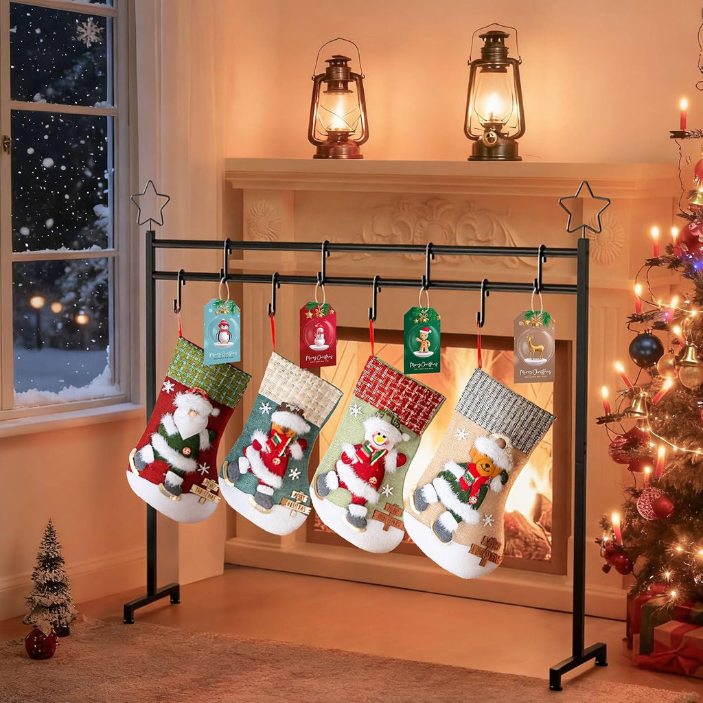 Christmas Stocking Holder Stand with 4 Stockings, Metal freestanding Christmas Stocking Hanger with 8 Hooks
