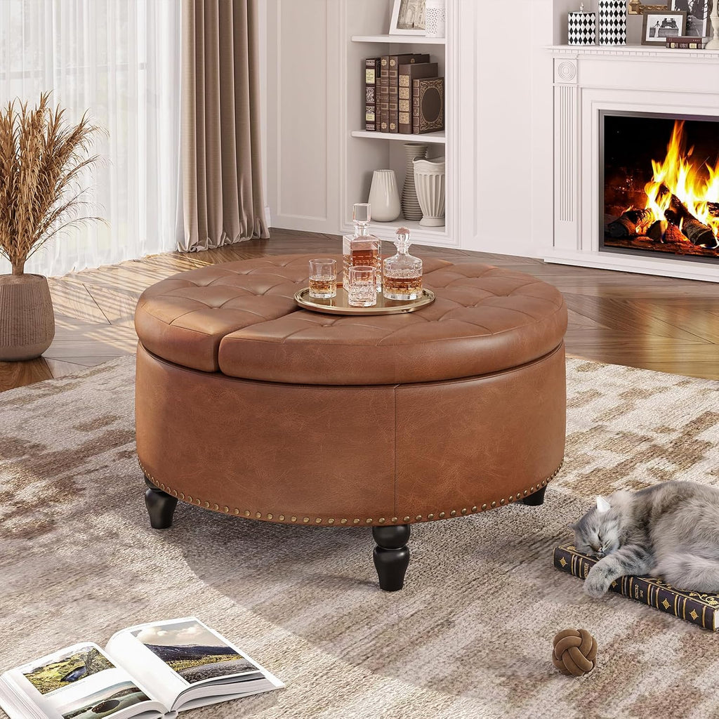 30 Inch Large Round Ottoman with Storage Circular,Brown | Leather Coffee Table with Lift Top,Modern Upholstered
