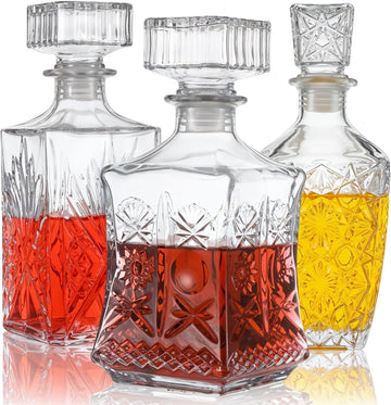 Glass Alcohol Bottle Liquor Decanters Whiskey Decanter for Tequila, Brandy and Vodka Unique Liquor Bar - Set of 3
