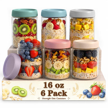 Overnight Oats Containers with Lids, 16 oz Mason Jars, Glass Jar with Lid